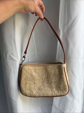 Woven Straw Shoulder Bag with Brown Trim